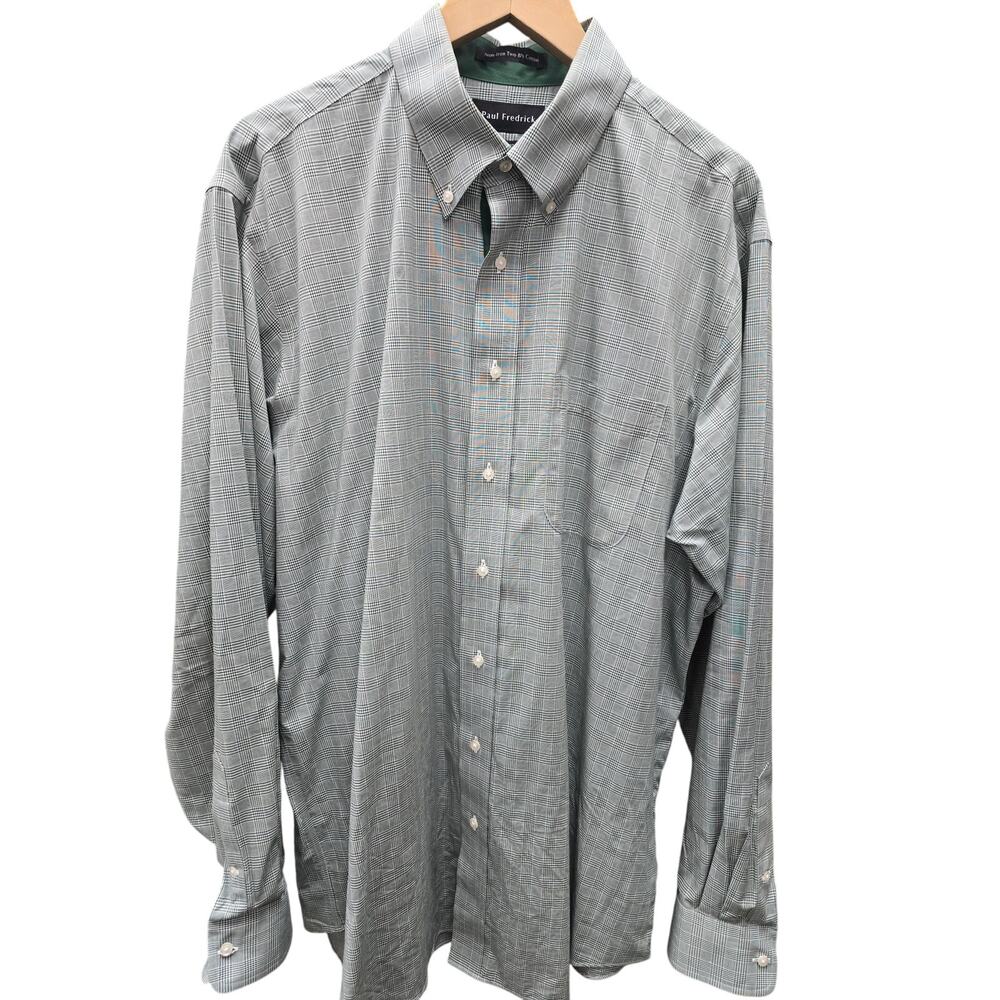 Paul Frederick Non-Iron Plaid Dress Shirt, Green & White, 17 1/2 x 37